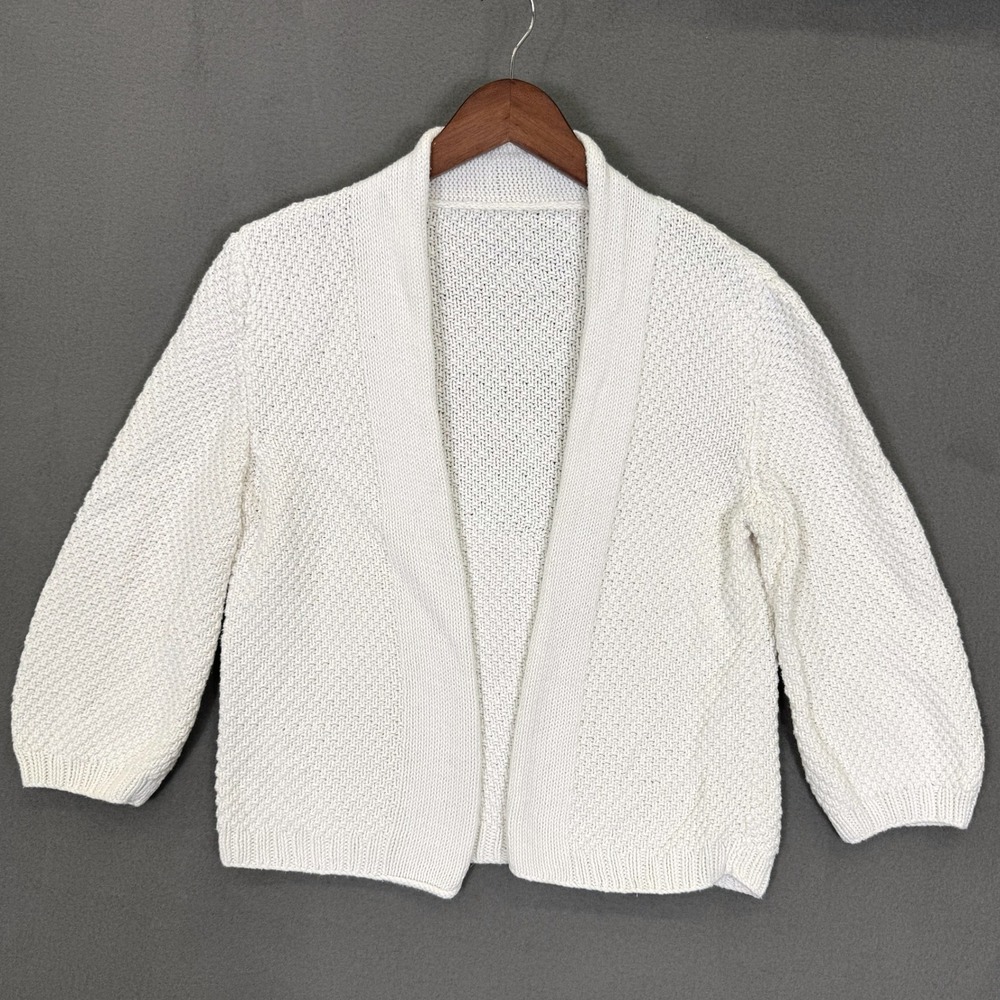 Vintage Cardigan Sweater Women L White Cream Open Front Shawl Collar Textured